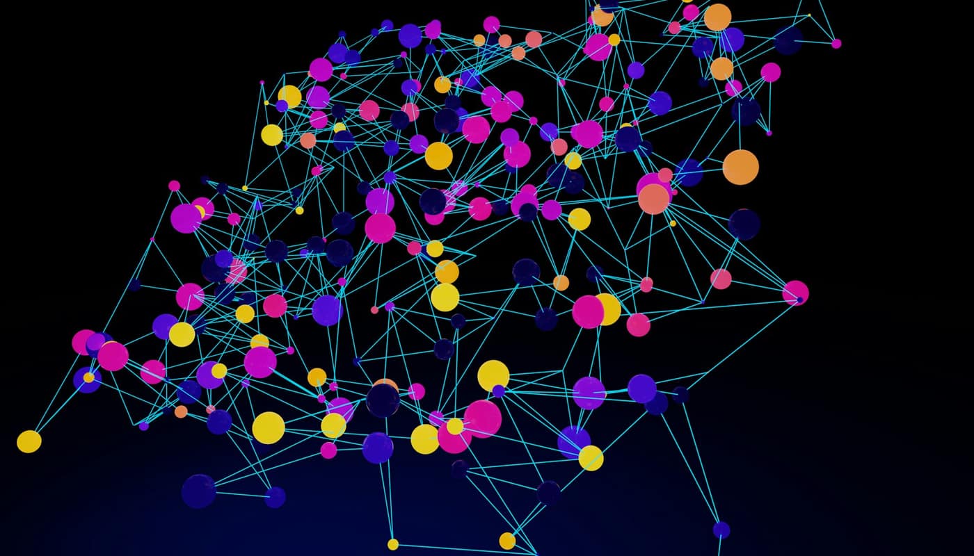 A network of coloured dots joined by thin lines on a dark blue background